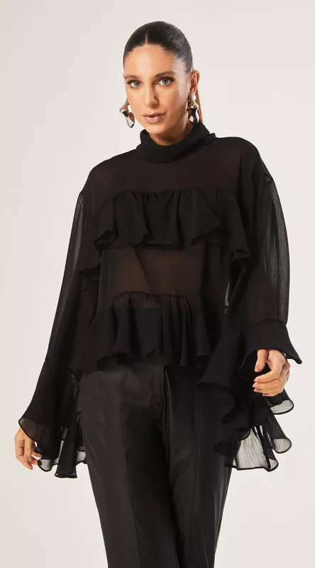 Blusa Manga Ampla com Babados Preto - LENITA