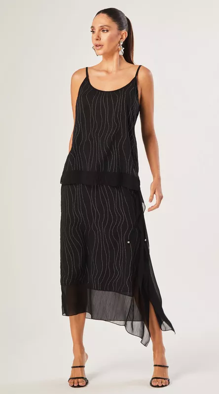 Saia Midi Metallic Stripes Preto - LENITA