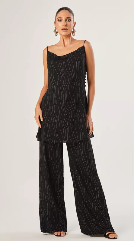 Conjunto de Blusa e Calça Metallic Stripes Preto - LENITA