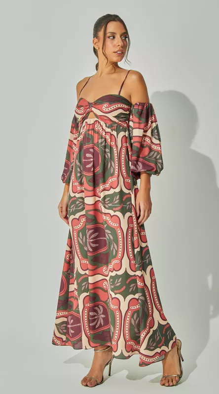 Vestido Midi Com Mangas Estampado - LENITA