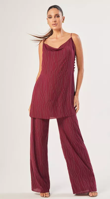 Conjunto de Blusa e Calça Metallic Stripes Cereja - LENITA