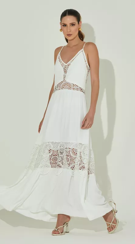 Vestido Midi Guipir com Mangas - LENITA