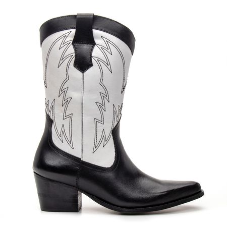 BOTA TEXANA CANO MÉDIO FEMININA COURO PRETO E BRAN... - COUROWEST