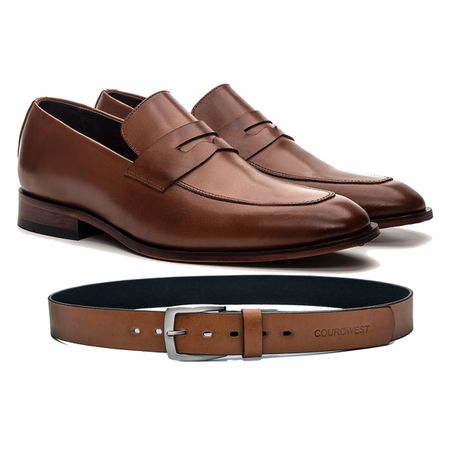 KIT SAPATO LOAFER ITALIANO COURO NOBRE WHISKY + CI... - COUROWEST