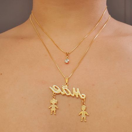 Colar Duplo Folheado A Ouro 18K Mãe Com Casalzinho... - Chérie Bijoux