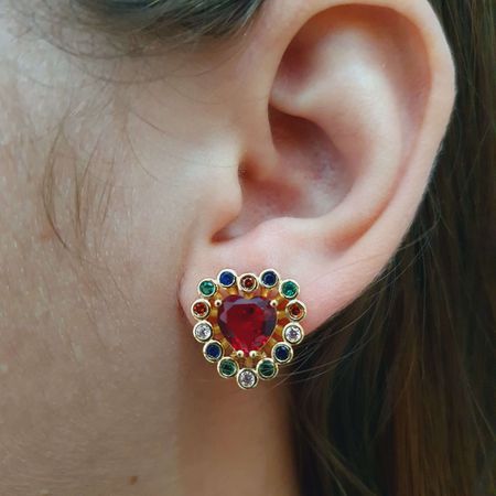 Brinco Com Zircônia Coração Dourado Vermelho - Chérie Bijoux