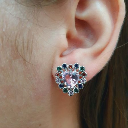 Brinco Com Zircônia Coração Prata Rosa - Chérie Bijoux