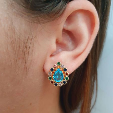 Brinco Com Zircônia Gota Dourado Azul - Chérie Bijoux