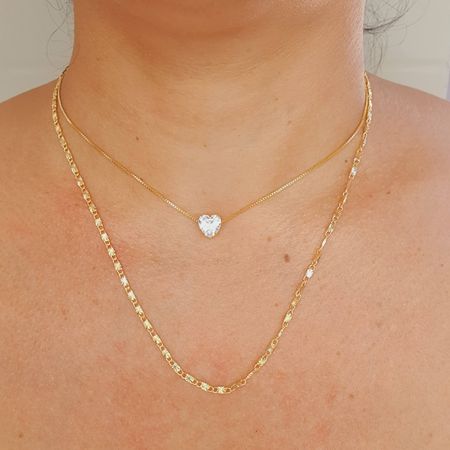 Colar Duplo Folheado A Ouro 18K Com Zircônia Coraç... - Chérie Bijoux