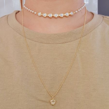 Colar Duplo Folheado A Ouro 18K Coração Perolado - Chérie Bijoux