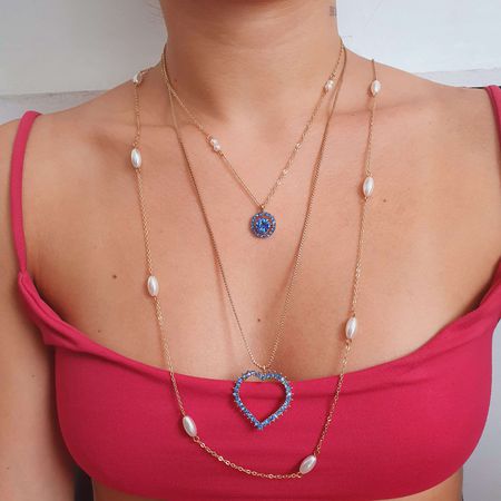 Colar Triplo Coração Dourado Azul - Chérie Bijoux