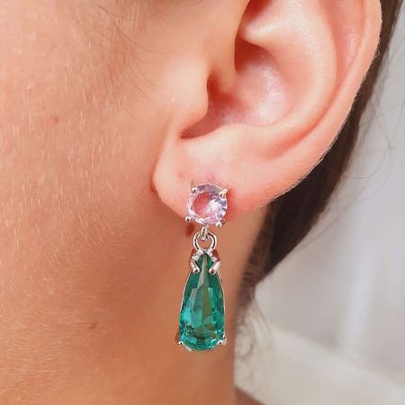 Brinco Com Zircônia Gota Prata Rosa e Verde  - Chérie Bijoux