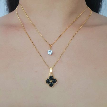 Colar Duplo Folheado a Ouro 18K Trevo Preto - Chérie Bijoux