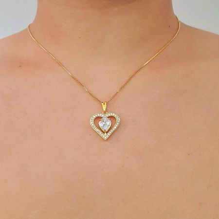 Colar Folheado a Ouro 18K Com Zircônia Coração Com... - Chérie Bijoux