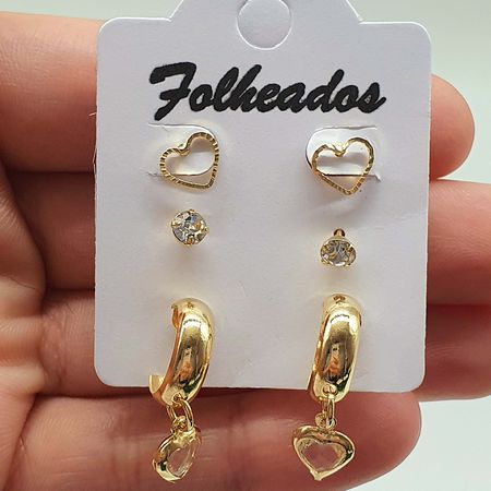 Kit De Brincos Folheados a Ouro 18K Coração - Chérie Bijoux