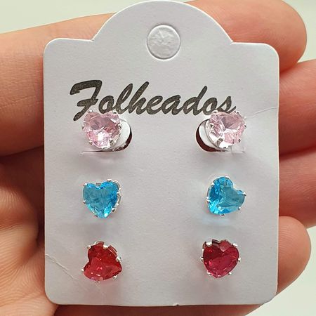 Kit De Brincos Folheados a Prata 925 Coração Color... - Chérie Bijoux