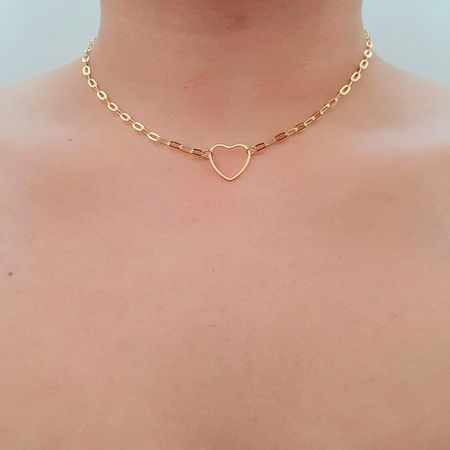 Colar Choker Folheado a Ouro 18K Mini Elos e Coraç... - Chérie Bijoux