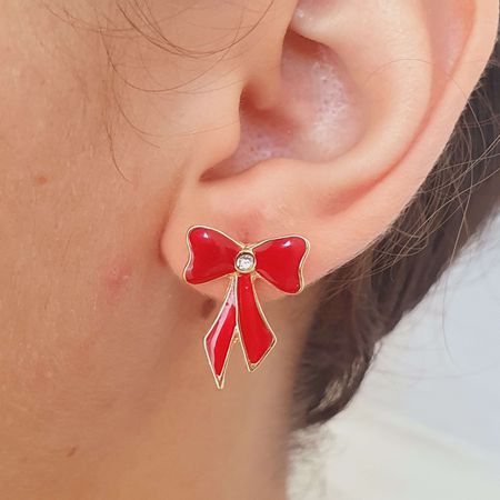 Brinco Folheado a Ouro 18K Laço Esmaltado Vermelho... - Chérie Bijoux