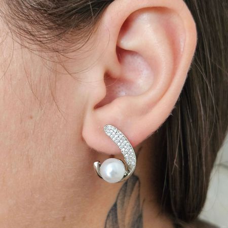 Brinco Com Zircônia Pérola Prata - Chérie Bijoux
