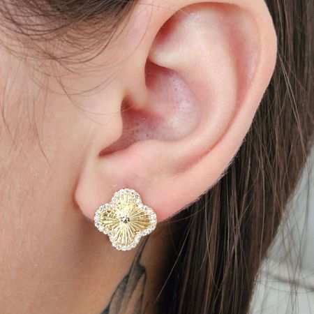 Brinco Com Zircônia Trevo Dourado - Chérie Bijoux