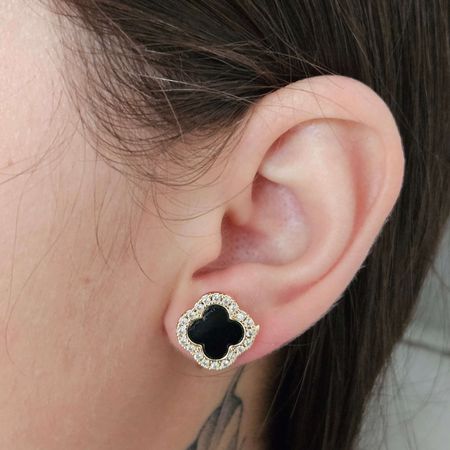 Brinco Com Zircônia Trevo Dourado Preto - Chérie Bijoux