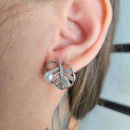 Brinco Com Zircônia Folha Prata - Chérie Bijoux