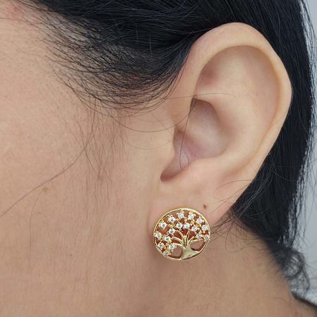 Brinco Com Zircônia Árvore Da Vida Dourada - Chérie Bijoux