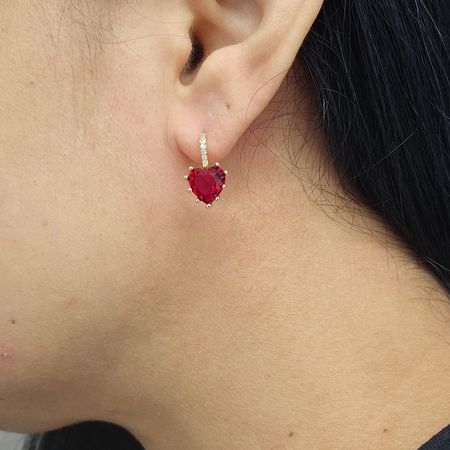 Brinco Com Zircônia Coração Dourado Vermelho - Chérie Bijoux