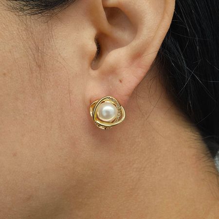 Brinco Com Zircônia Pérola Dourada - Chérie Bijoux