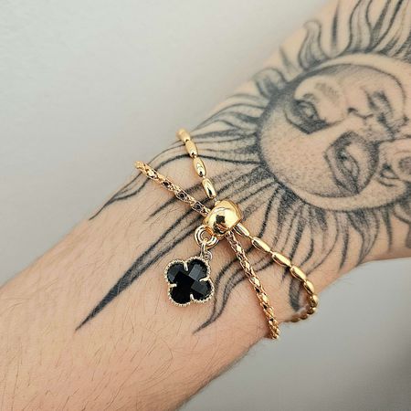Pulseira Dupla Folheada A Ouro 18K Trevo Preto - Chérie Bijoux
