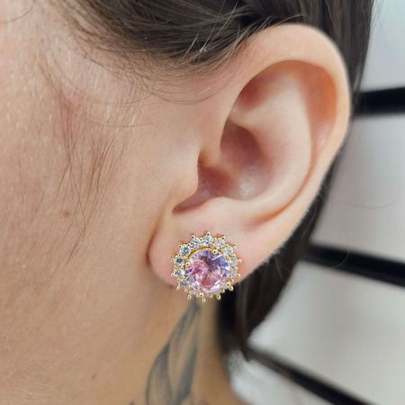 Brinco Com Zircônia Dourado Rosa - Chérie Bijoux