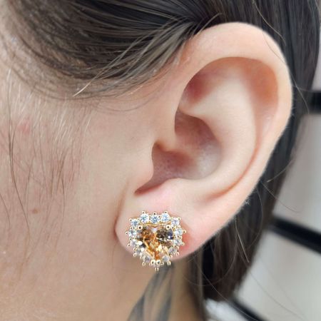 Brinco Com Zircônia Coração Dourado Champagne - Chérie Bijoux