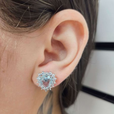 Brinco Com Zircônia Coração Prata Azul - Chérie Bijoux