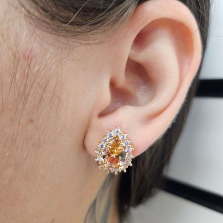 Brinco Com Zircônia Gota Dourado Champagne - Chérie Bijoux