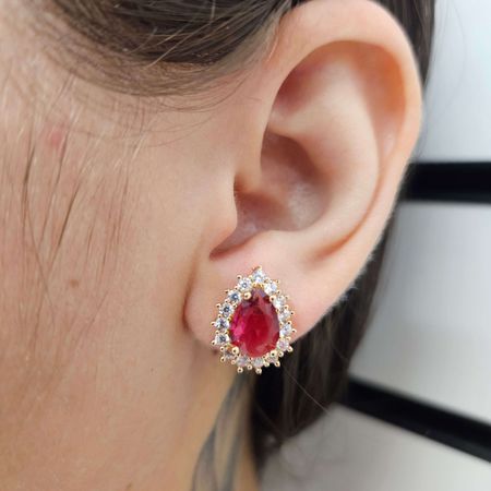 Brinco Com Zircônia Gota Dourado Vermelho - Chérie Bijoux