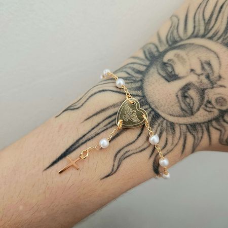 Pulseira Folheada A Ouro 18K Religiosa Com Pérolas... - Chérie Bijoux