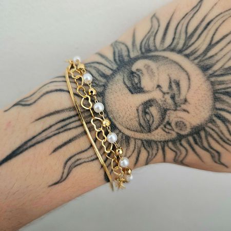 Pulseira Tripla Folheada A Ouro 18K Coração e Péro... - Chérie Bijoux