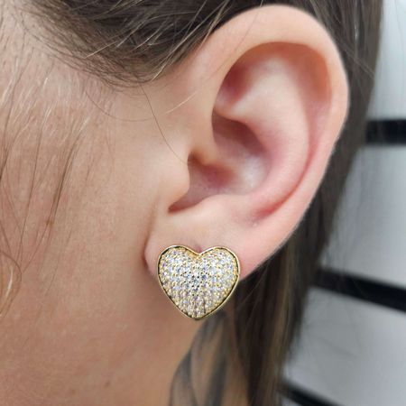Brinco Com Zircônia Ponteira Coração Dourado - Chérie Bijoux