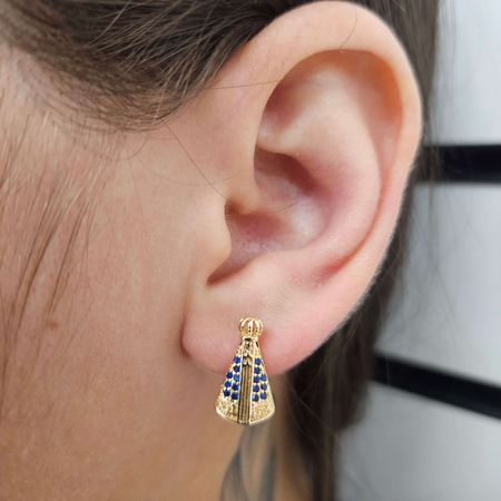 Brinco Com Zircônia Nossa Senhora Aparecida Dourad... - Chérie Bijoux