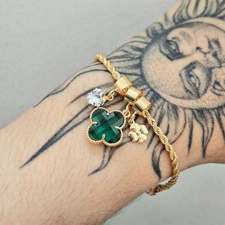 Pulseira Baiana Folheada A Ouro 18K Trevo Verde - Chérie Bijoux