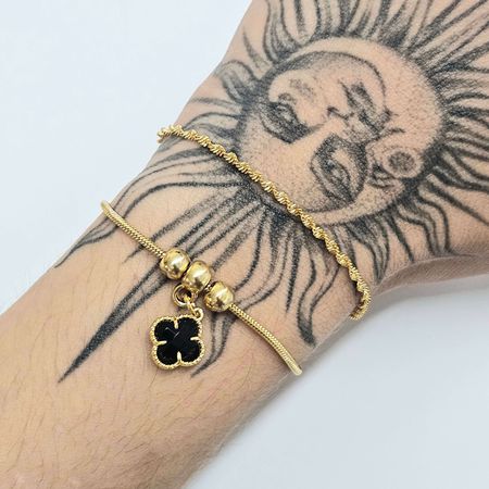 Pulseira Dupla Folheada A Ouro 18K Trevo Preto - Chérie Bijoux