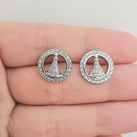 Brinco Com Zircônia Nossa Senhora Aparecida Prata - Chérie Bijoux