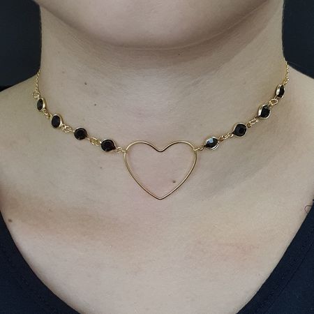 Colar Folheado a Ouro 18K Coração Preto - Chérie Bijoux