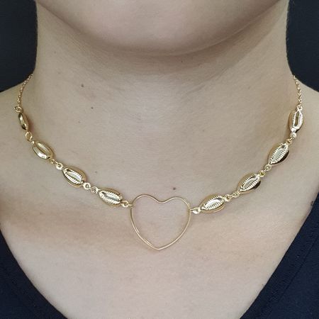 Colar Folheado a Ouro 18KDourado Búzios e Coração ... - Chérie Bijoux