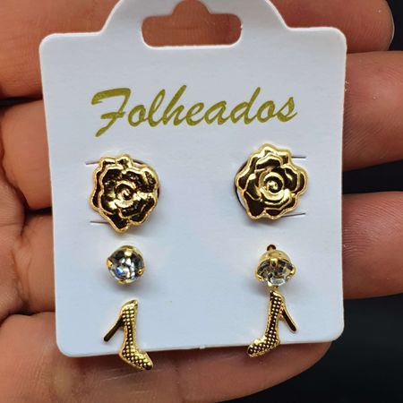 Kit De Brincos Folheados Dourado Salto - Chérie Bijoux