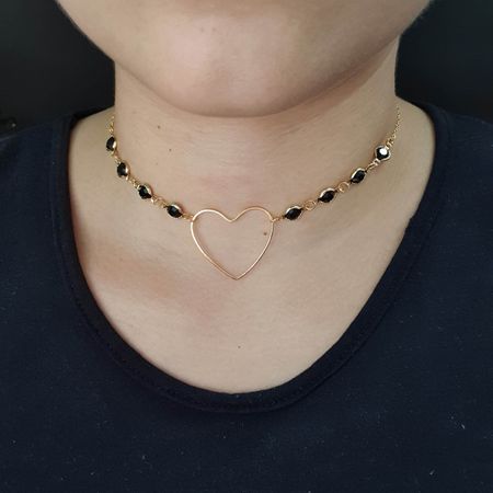 Colar Folheado Dourado Coração Preto - Chérie Bijoux