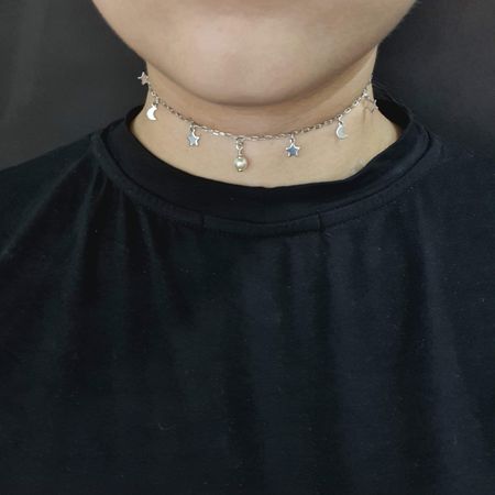 Colar Choker Folheado Prata Pérola e Estrelas - Chérie Bijoux