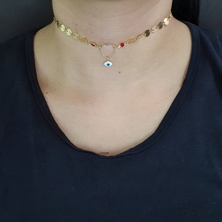 Colar Choker Folheado Dourado Coração e Olho Grego... - Chérie Bijoux