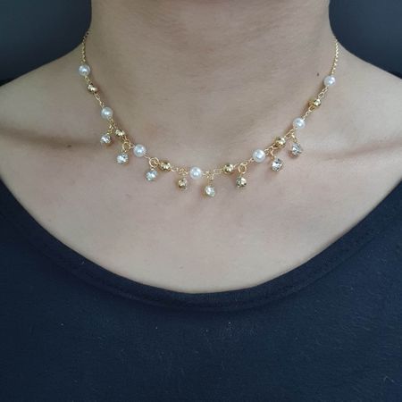 Colar Folheado A Ouro 18K Pérolas e Pontos De Luz - Chérie Bijoux