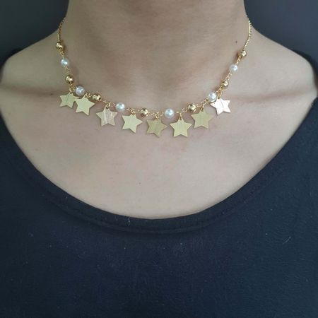 Colar Folheado a Ouro 18K Pérolas e Estrelas - Chérie Bijoux